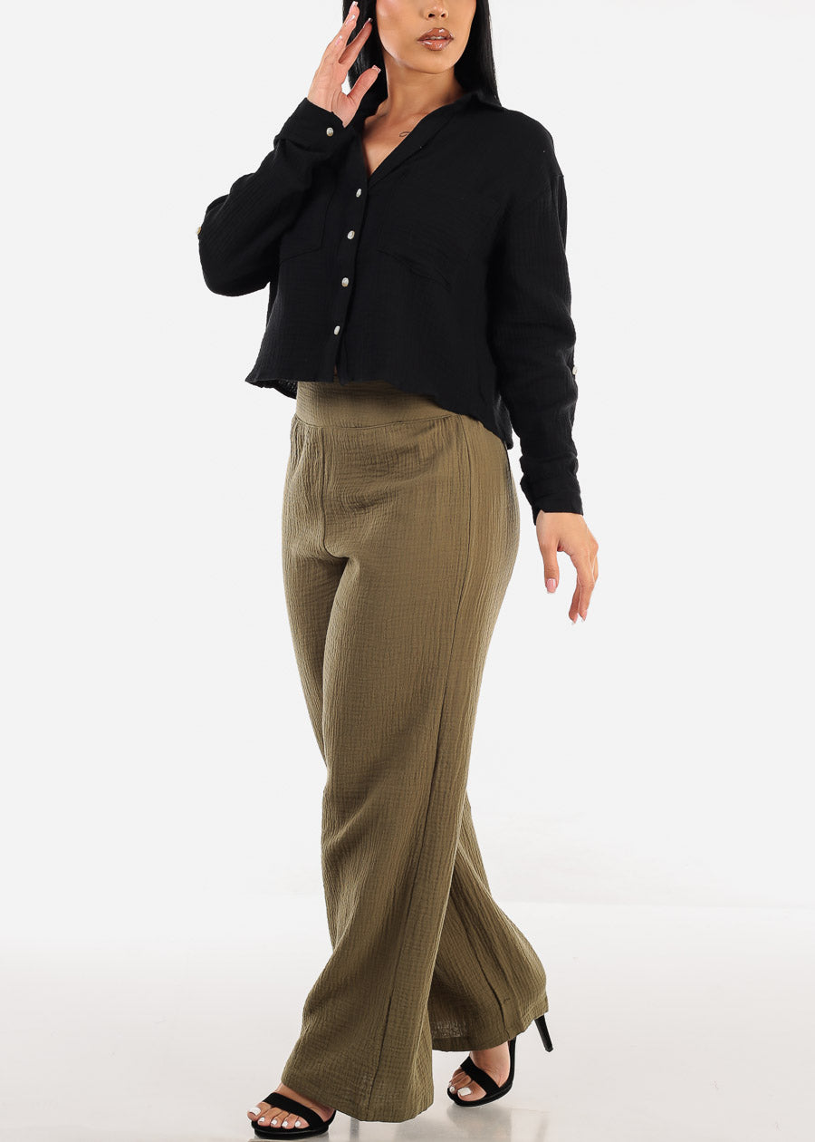 Super High Waist Wide Legged Cotton Pants Olive