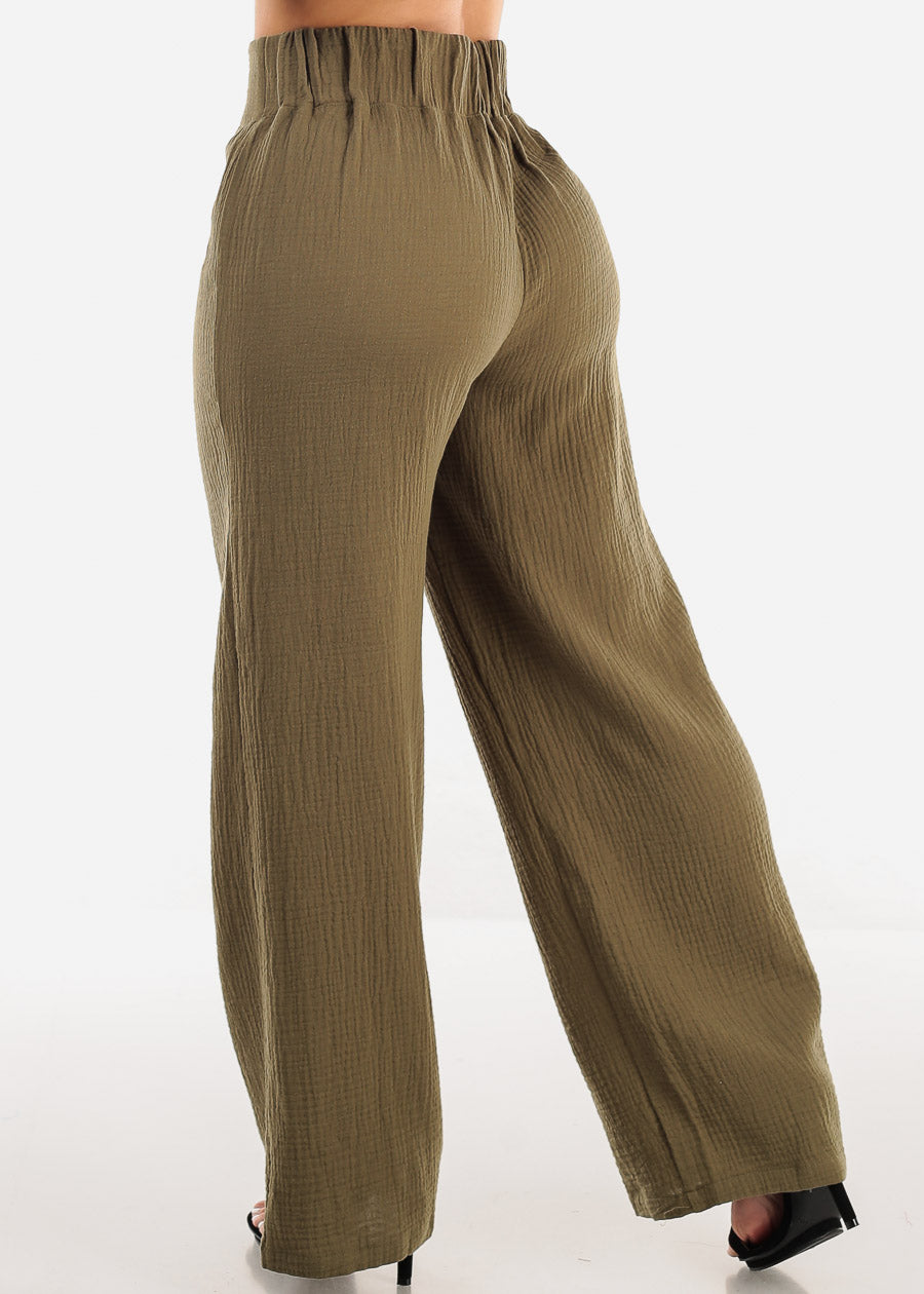 Super High Waist Wide Legged Cotton Pants Olive