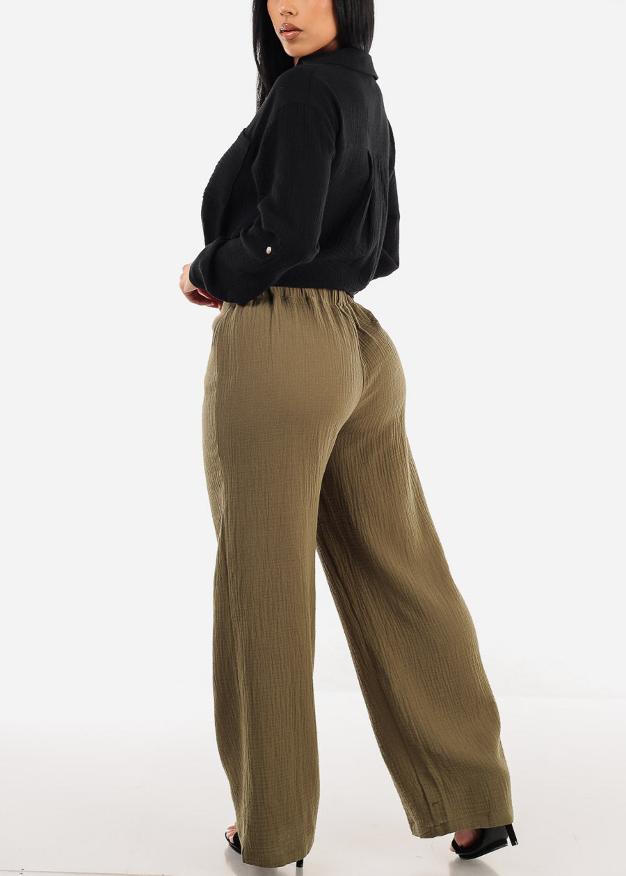 Super High Waist Wide Legged Cotton Pants Olive