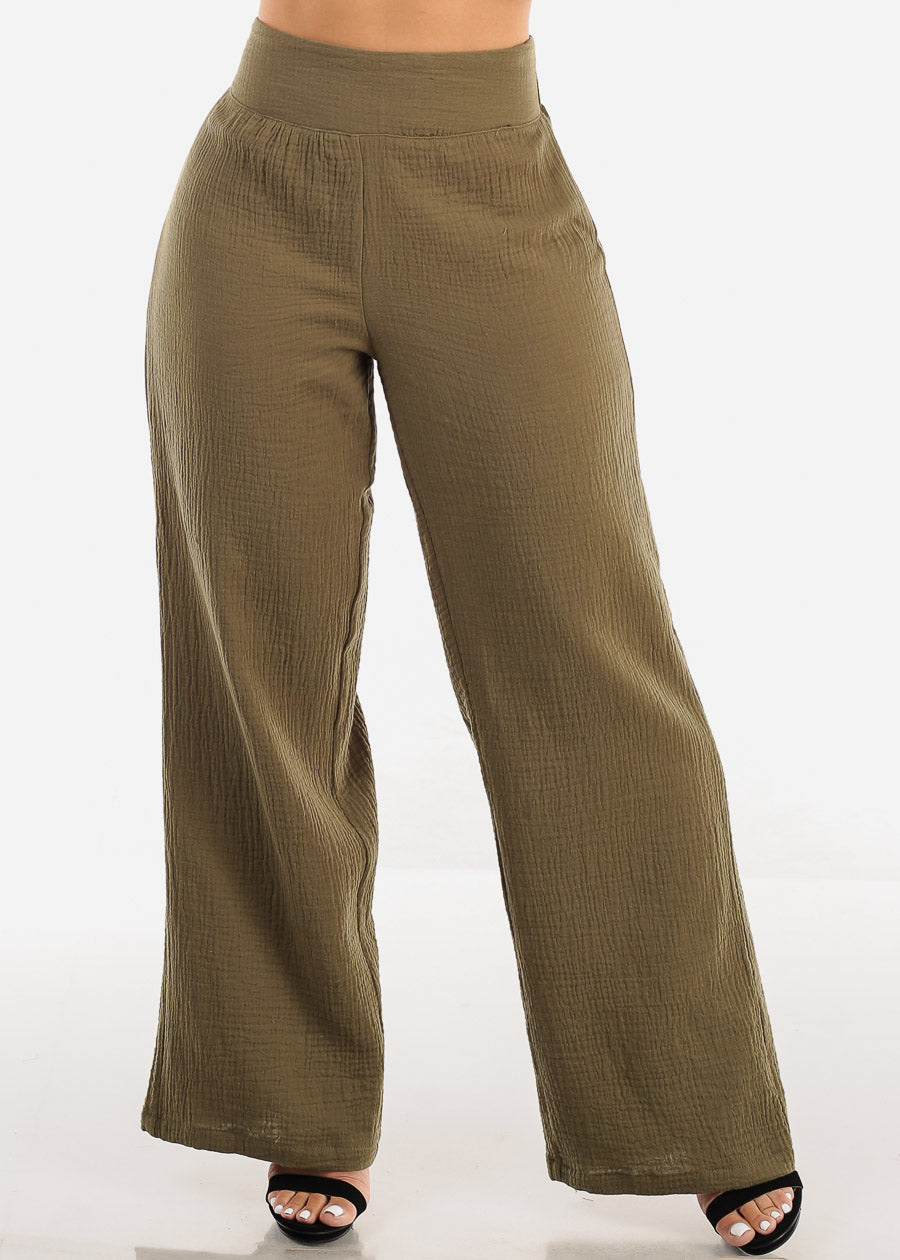 Super High Waist Wide Legged Cotton Pants Olive