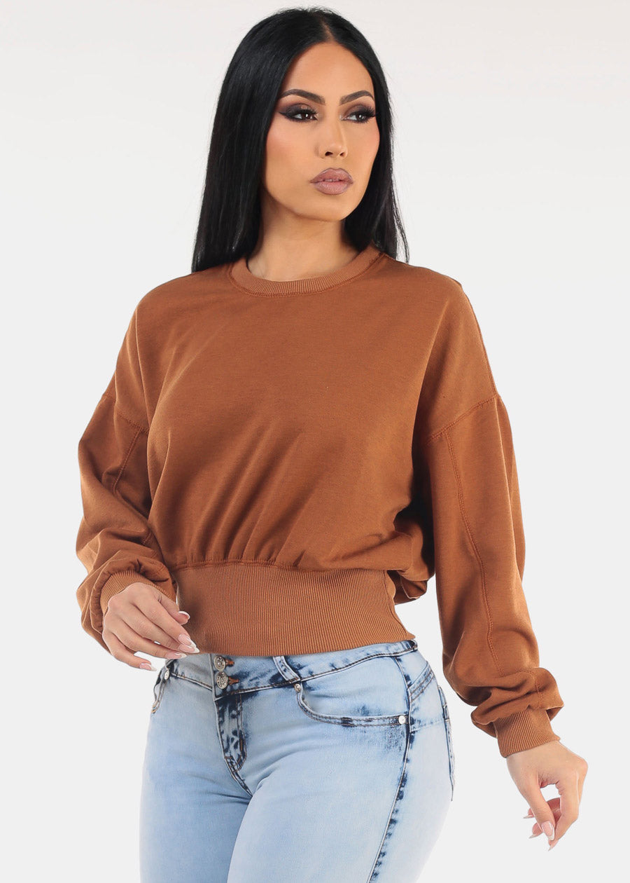 Long Sleeve Crewneck Fleece Sweatshirt Camel