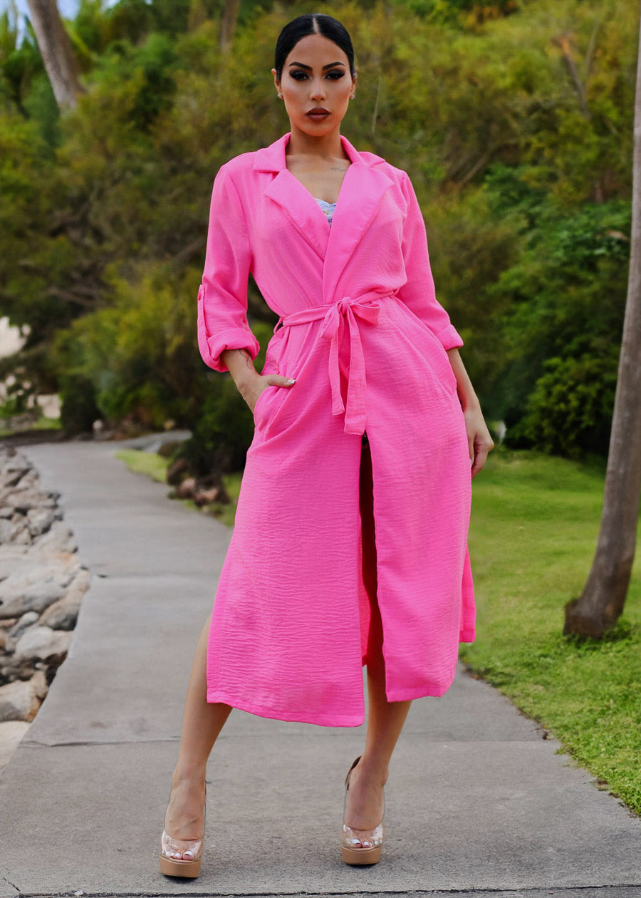 Long Sleeve Trench Coat Hot Pink w Pockets