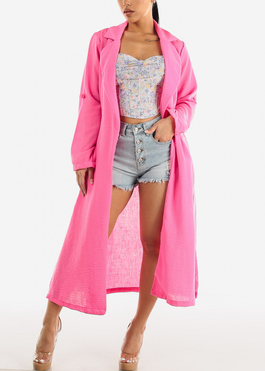 Long Sleeve Trench Coat Hot Pink w Pockets