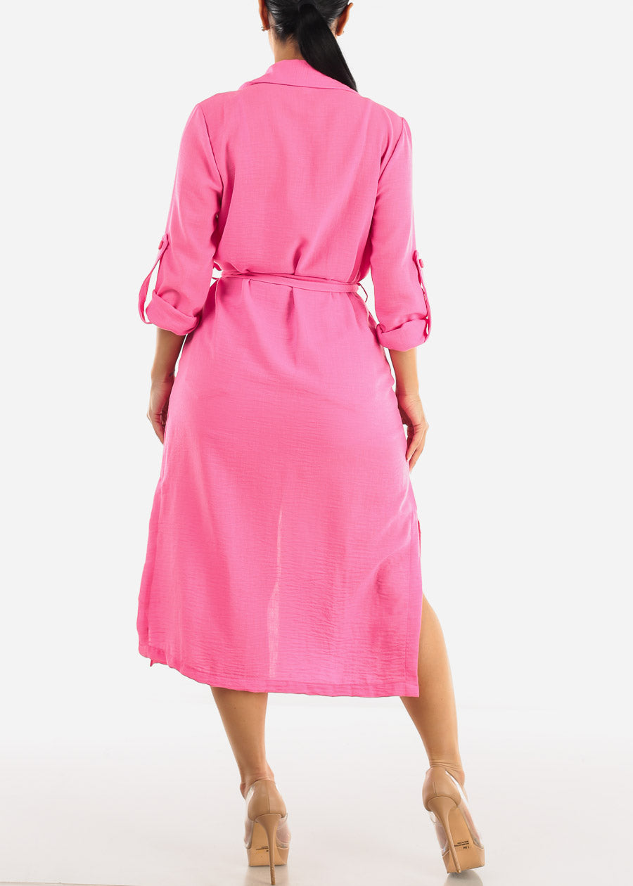 Long Sleeve Trench Coat Hot Pink w Pockets