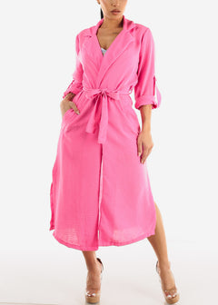 Long Sleeve Trench Coat Hot Pink w Pockets