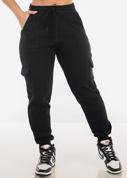 Black High Waist Fleece Cargo Jogger Pants