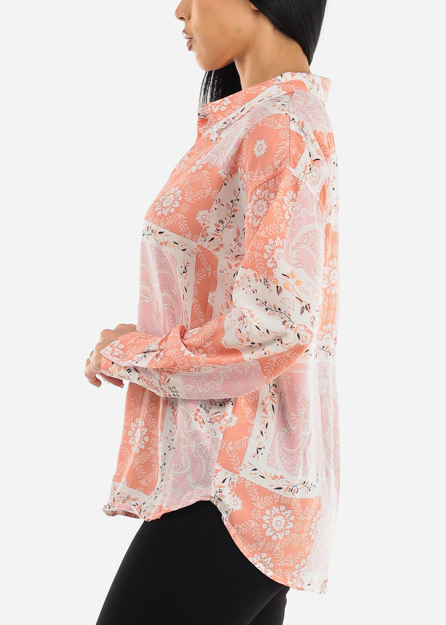 Long Sleeve Button Down Floral Shirt Pink