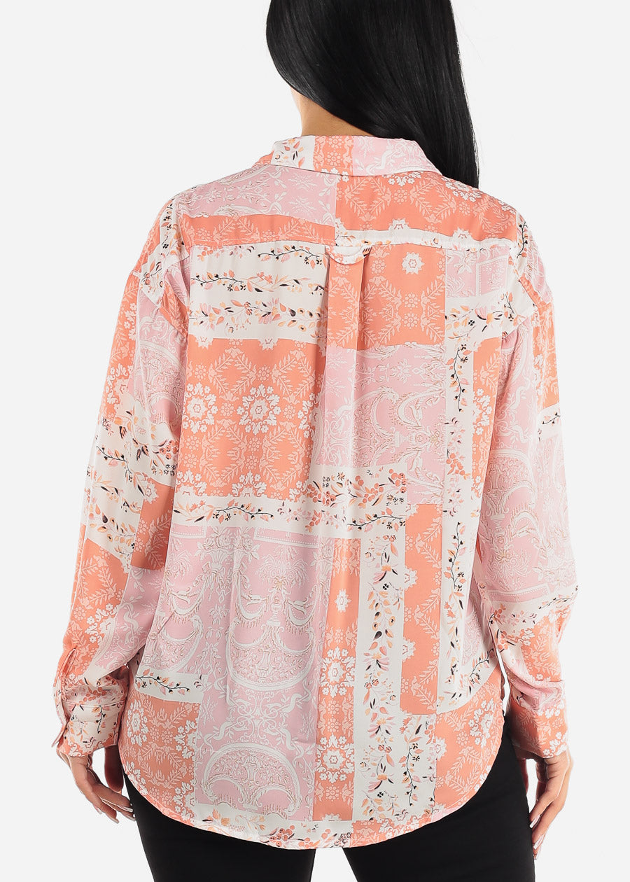 Long Sleeve Button Down Floral Shirt Pink