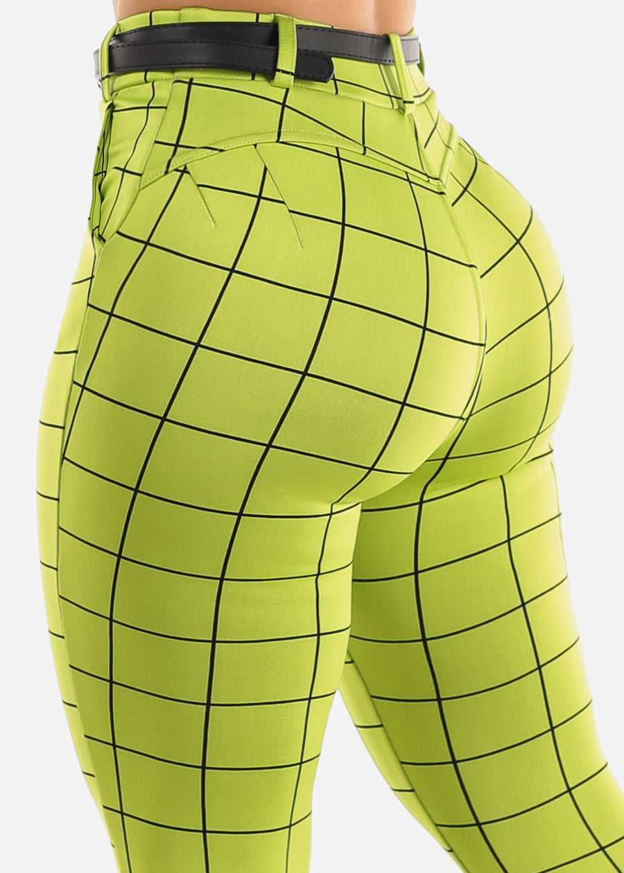 Butt Lift High Rise Plaid Skinny Pants Neon Green w Belt