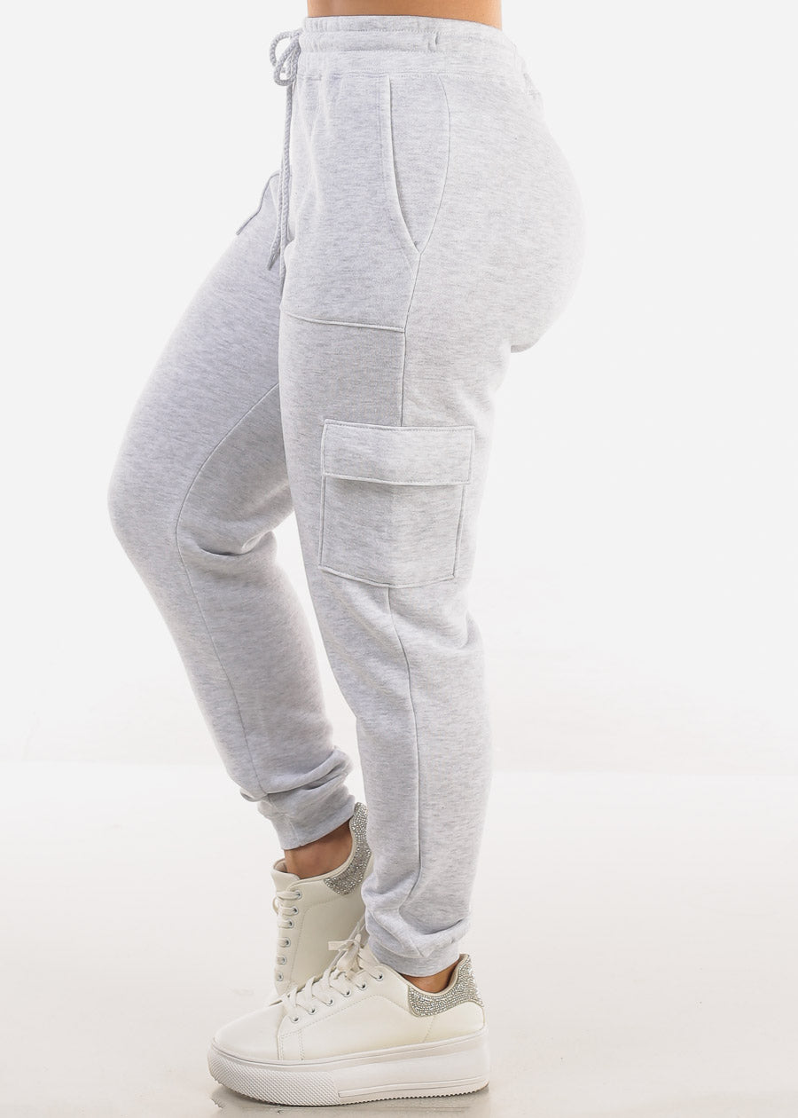 High Waist Fleece Cargo Jogger Pants Light Grey