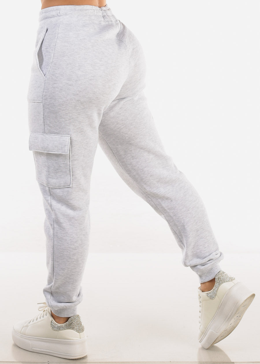 High Waist Fleece Cargo Jogger Pants Light Grey