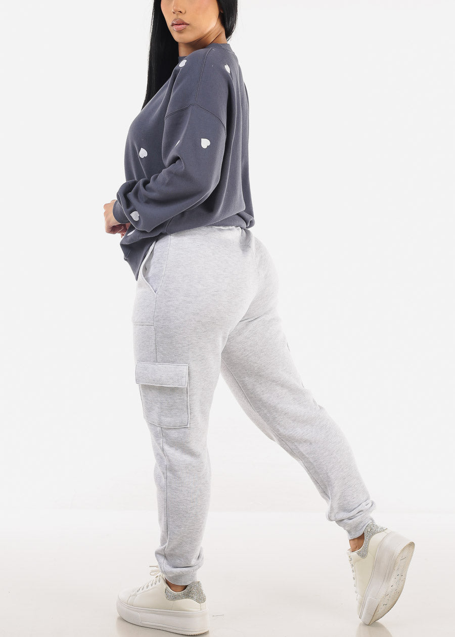 High Waist Fleece Cargo Jogger Pants Light Grey