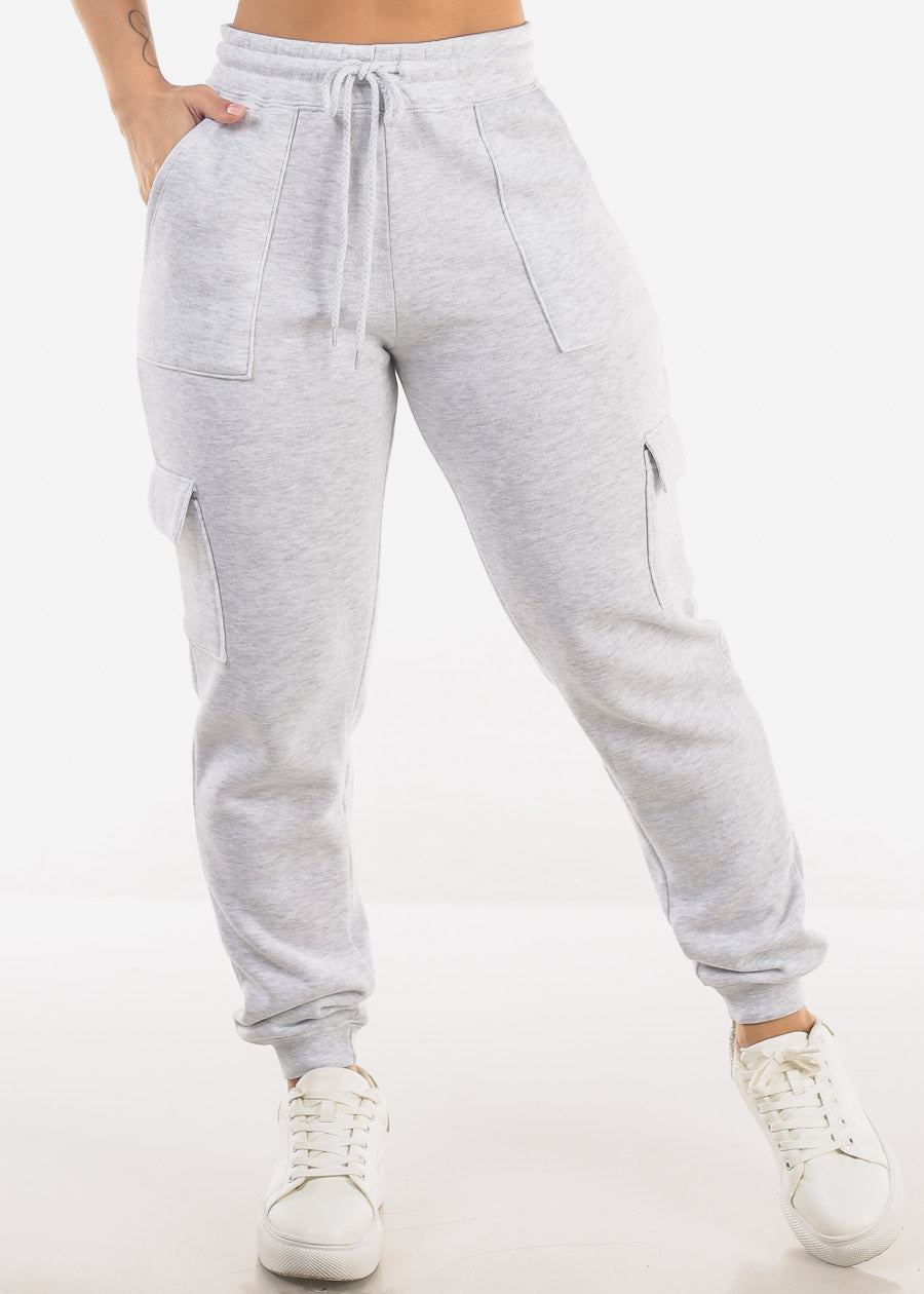 High Waist Fleece Cargo Jogger Pants Light Grey