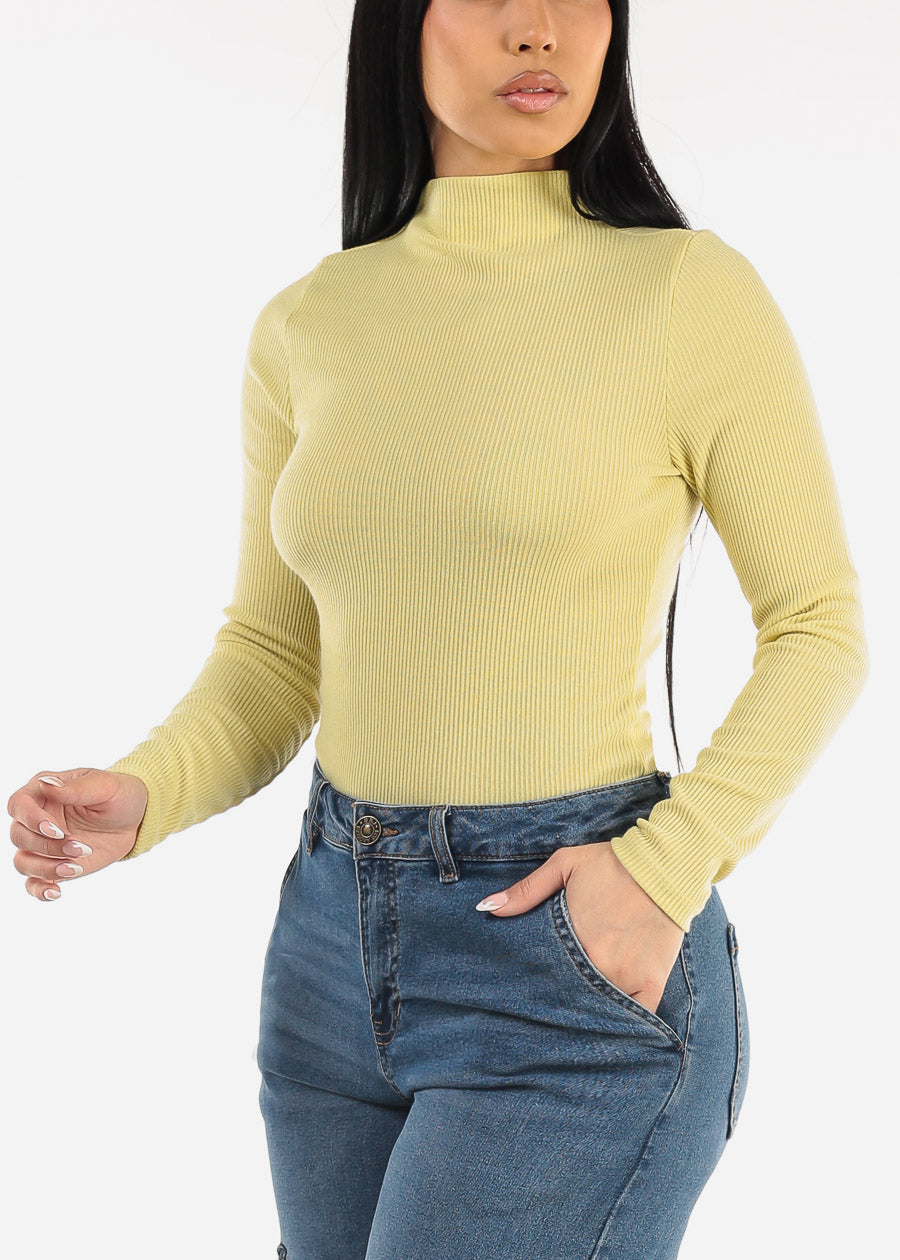 Long Sleeve Mock Neck Ribbed Sweater Top Light Green