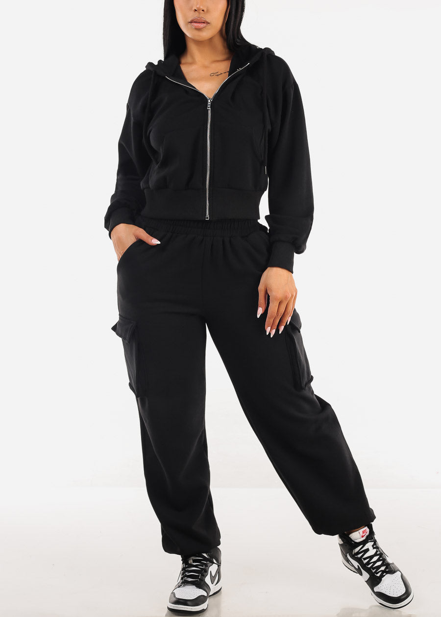 High Waist Black Fleece Cargo Sweatpants