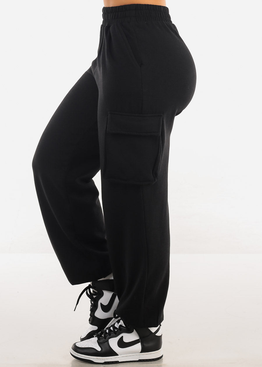 High Waist Black Fleece Cargo Sweatpants