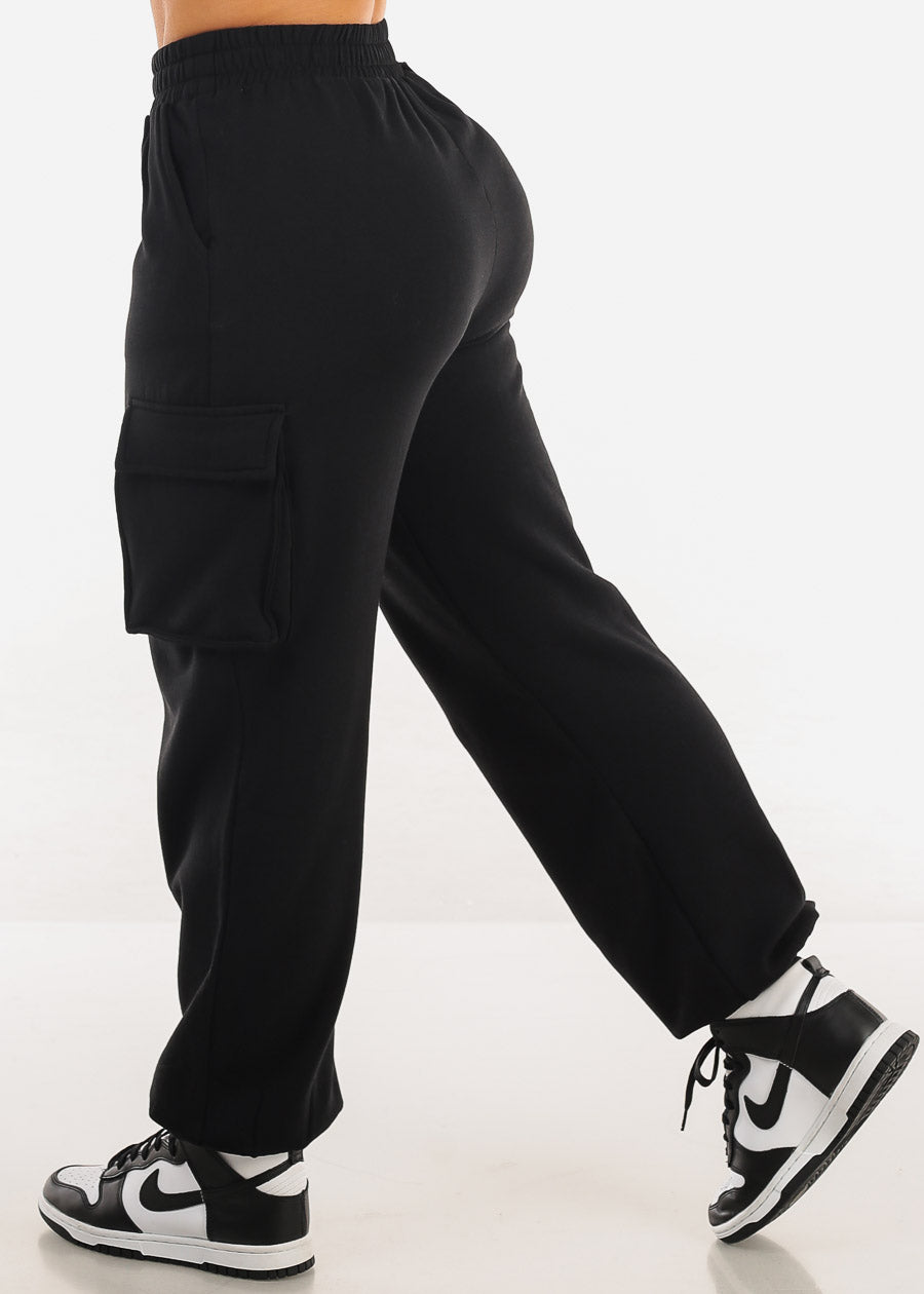 High Waist Black Fleece Cargo Sweatpants