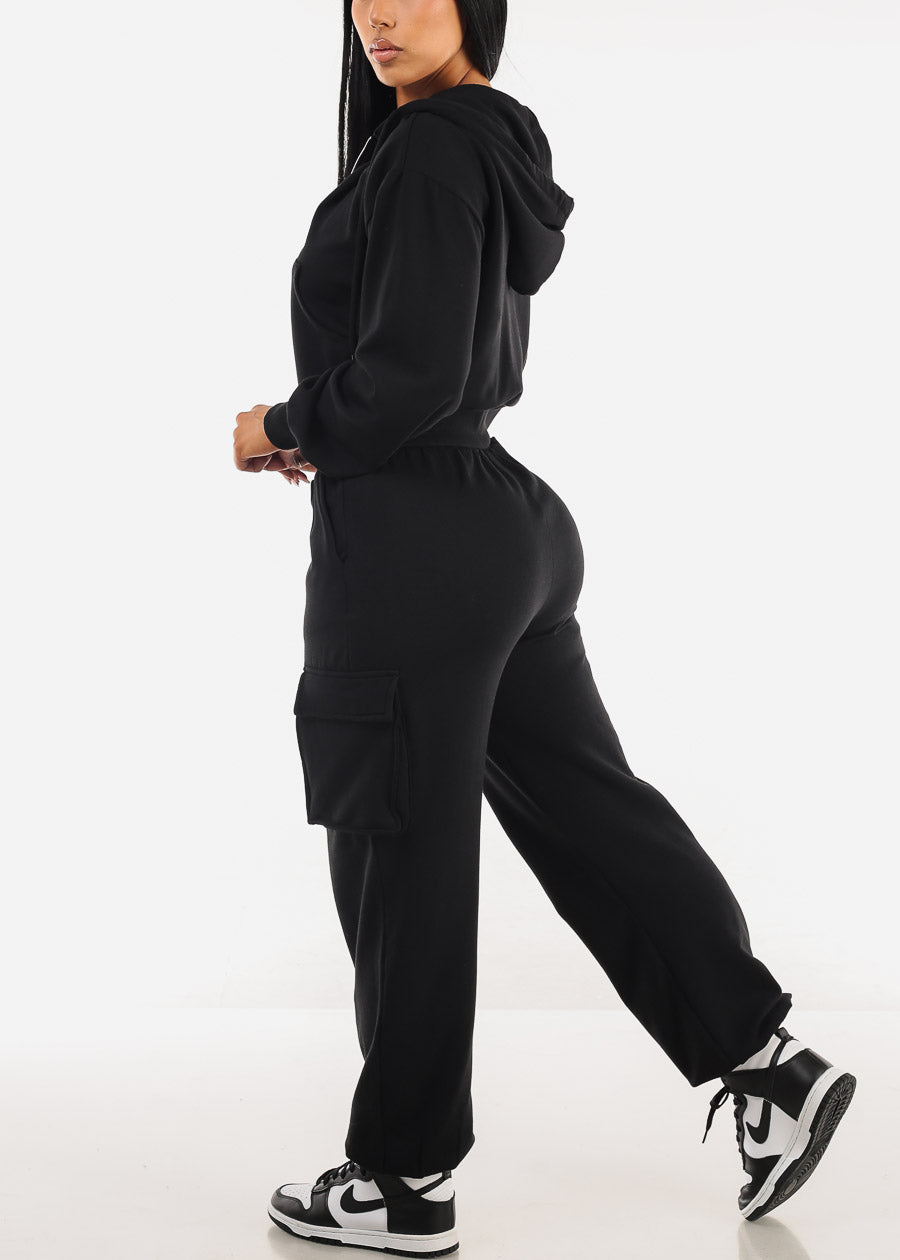 High Waist Black Fleece Cargo Sweatpants