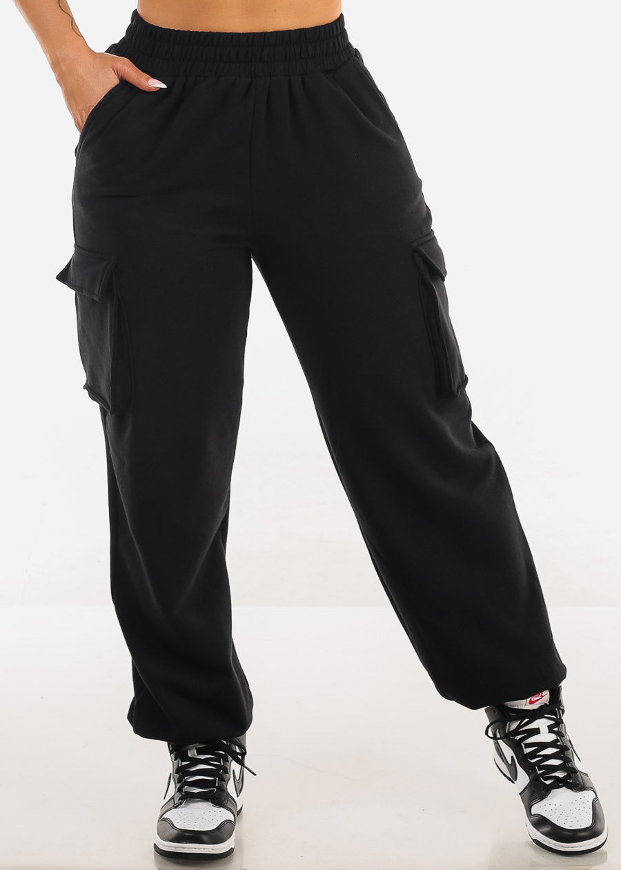 High Waist Black Fleece Cargo Sweatpants