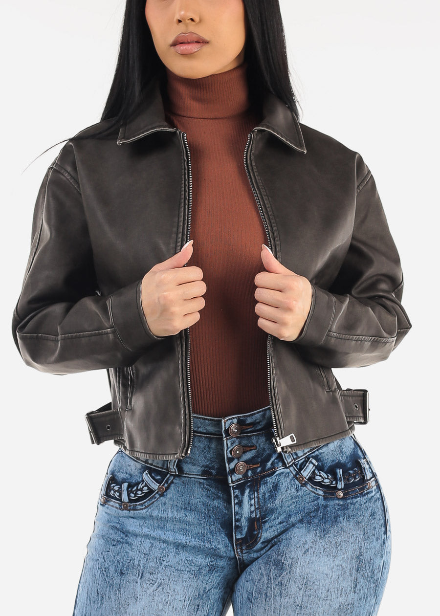 Long Sleeve Zip Up Vegan Leather Jacket Faded Brown