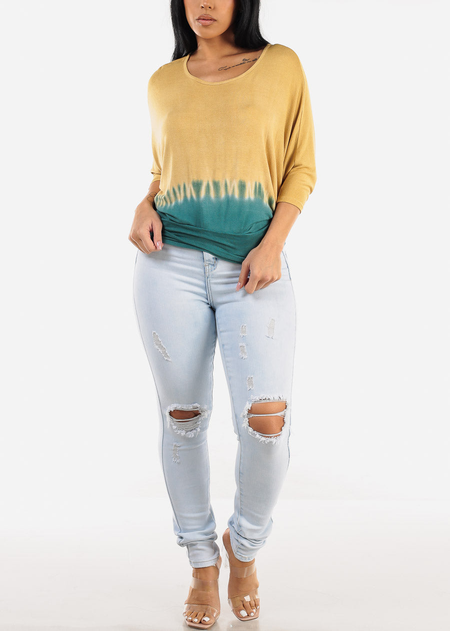 Quarter Dolman Sleeve Tie Dye Tunic Top Mustard