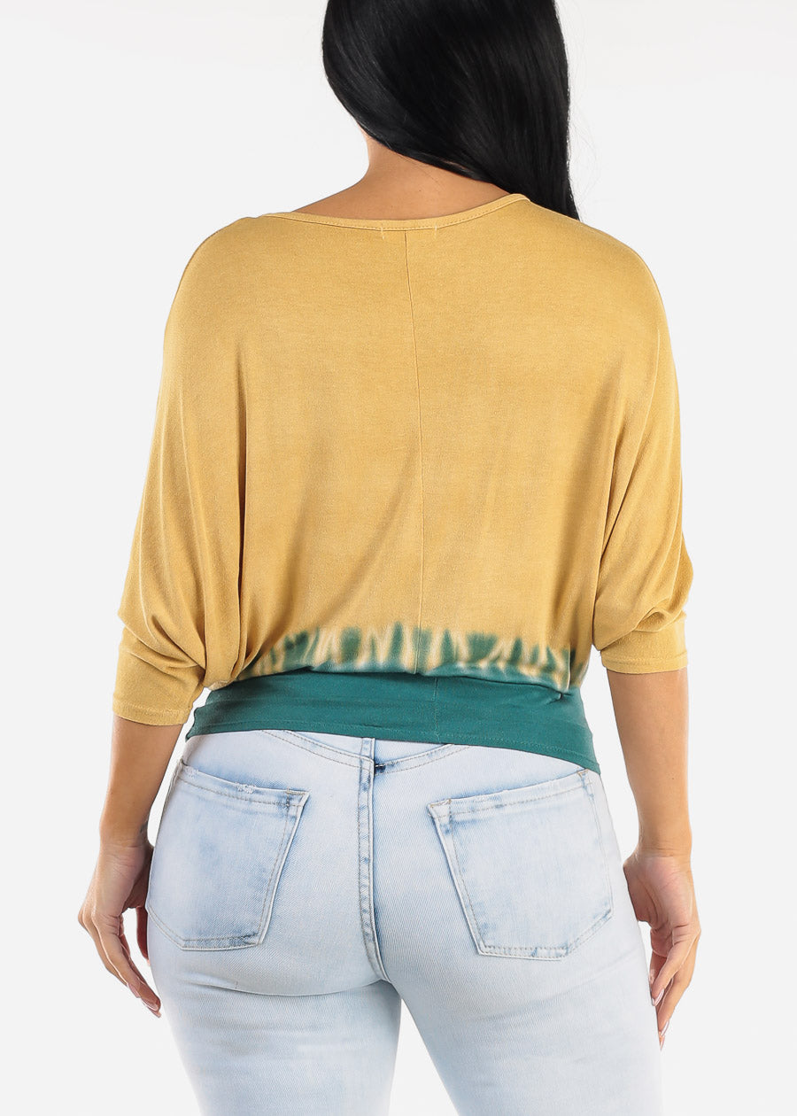 Quarter Dolman Sleeve Tie Dye Tunic Top Mustard