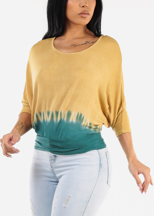 Quarter Dolman Sleeve Tie Dye Tunic Top Mustard