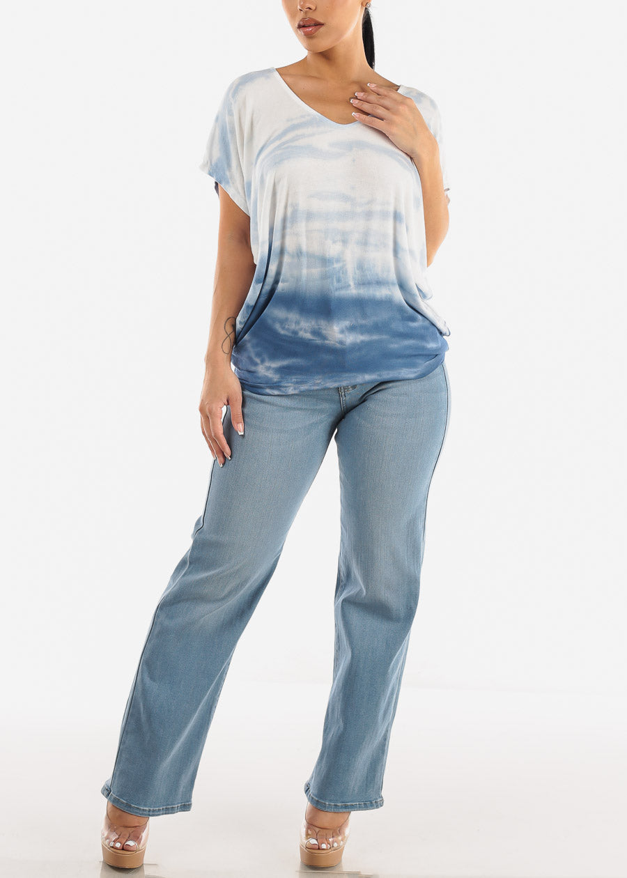 Short Dolman Sleeve Tie Dye Tunic Top Blue