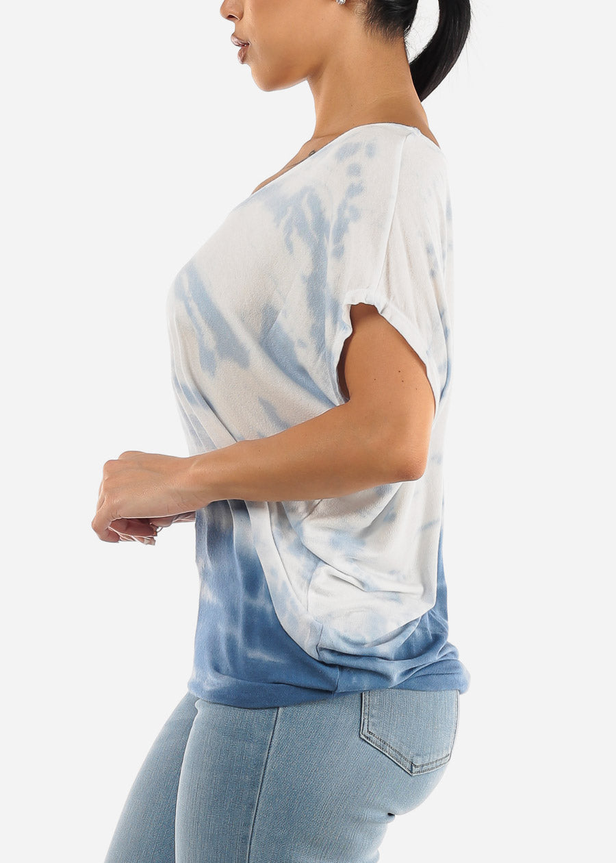 Short Dolman Sleeve Tie Dye Tunic Top Blue