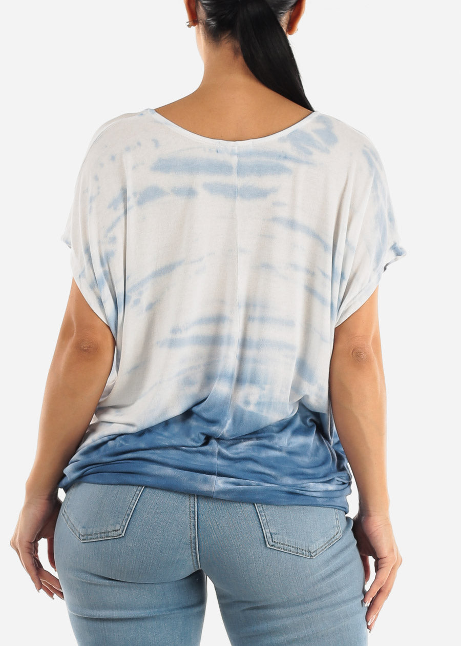 Short Dolman Sleeve Tie Dye Tunic Top Blue