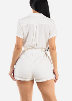 White Short Sleeve Button Up Belted Romper