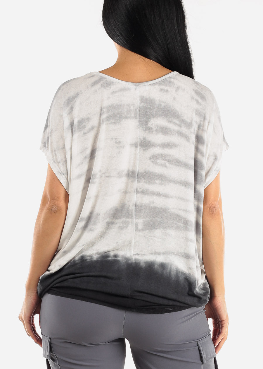 Short Dolman Sleeve Tie Dye Tunic Top Grey