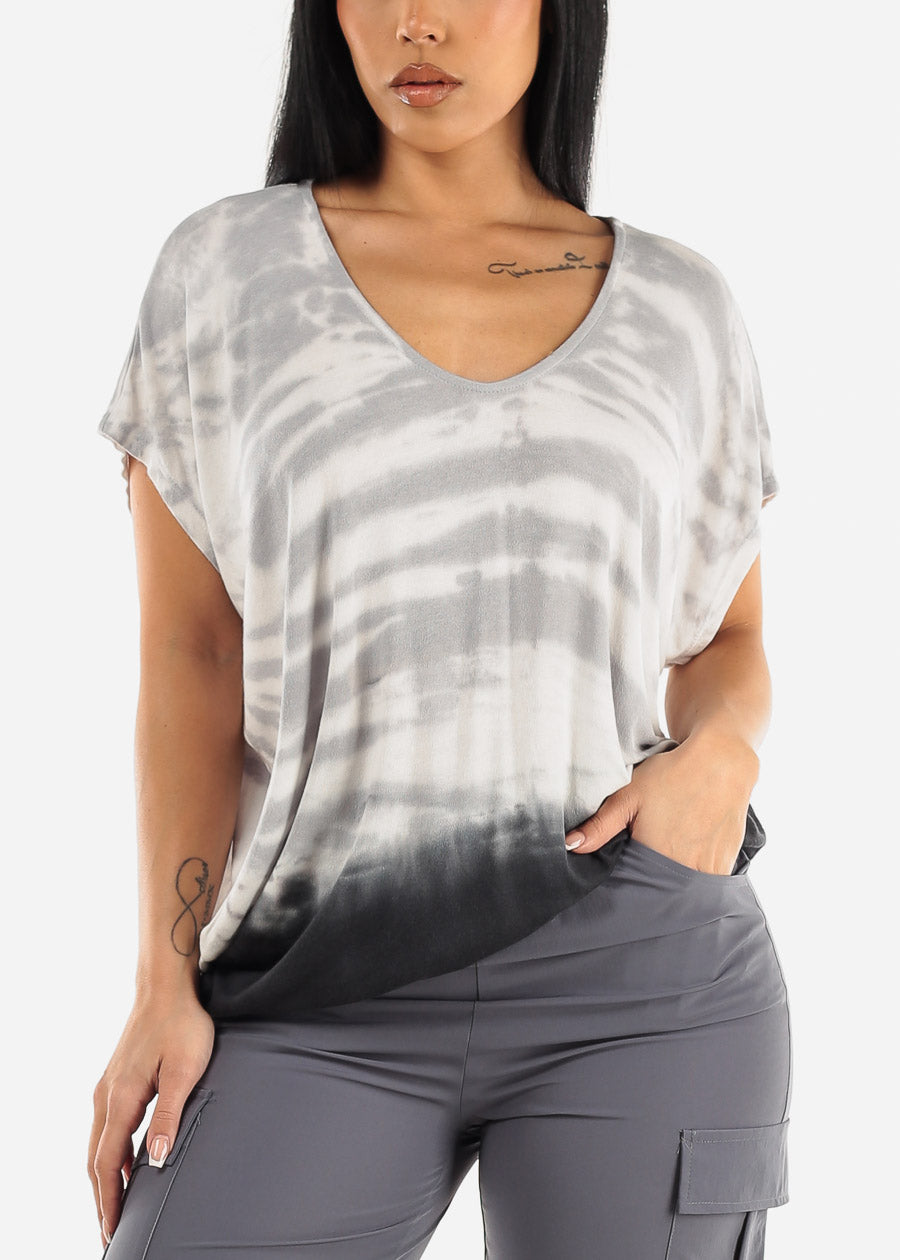 Short Dolman Sleeve Tie Dye Tunic Top Grey