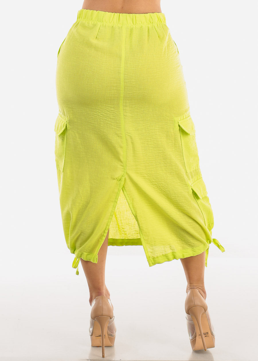 High Waist Cargo Midi Skirt Neon Lime