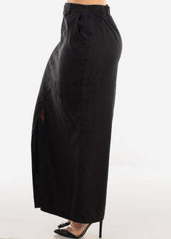 High Waist Black Cargo Maxi Skirt w Slit