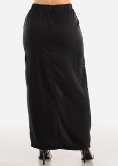 High Waist Black Cargo Maxi Skirt w Slit