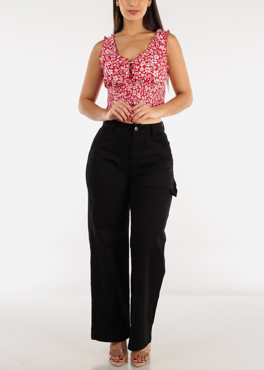 Sleeveless Smocked Waist Floral Crop Top Red