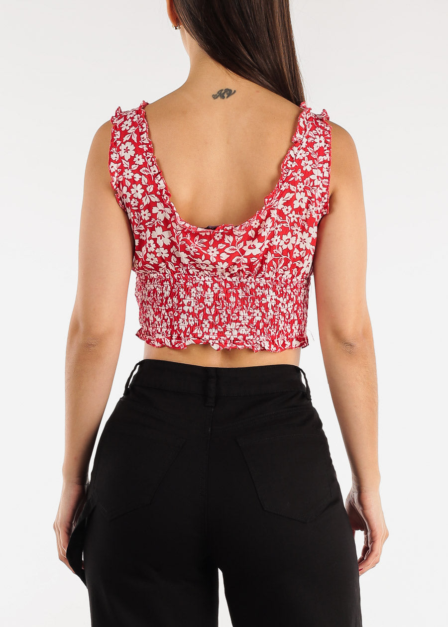 Sleeveless Smocked Waist Floral Crop Top Red