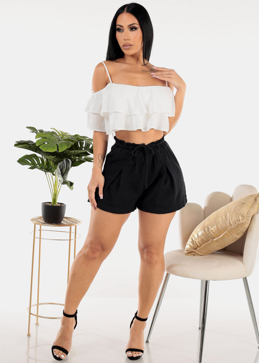 Black High Drawstring Waist Pleated Shorts