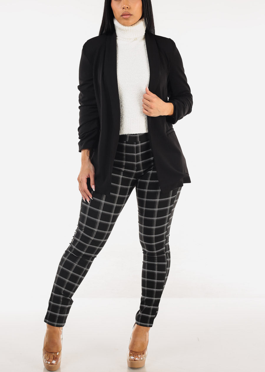 Quarter Sleeve Open Front Black Blazer