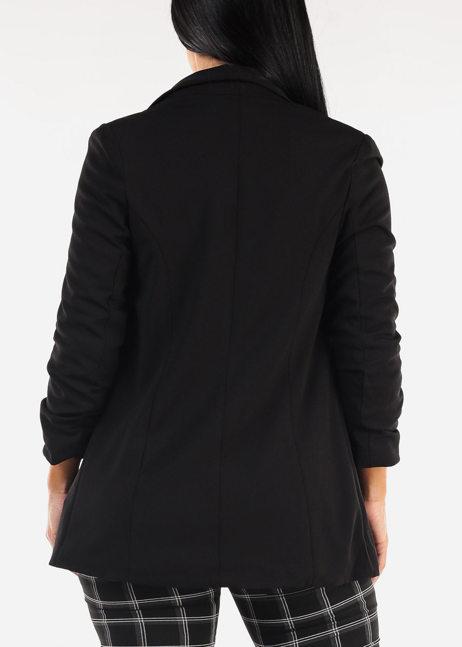 Quarter Sleeve Open Front Black Blazer