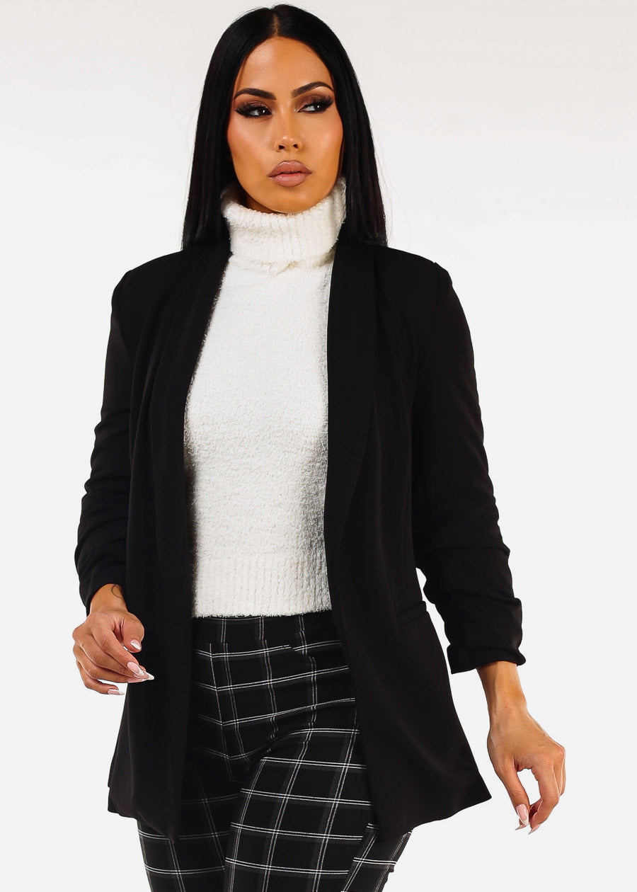 Quarter Sleeve Open Front Black Blazer