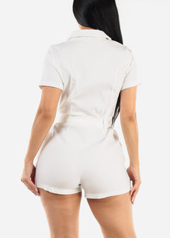 White Short Sleeve Button Up Belted Romper