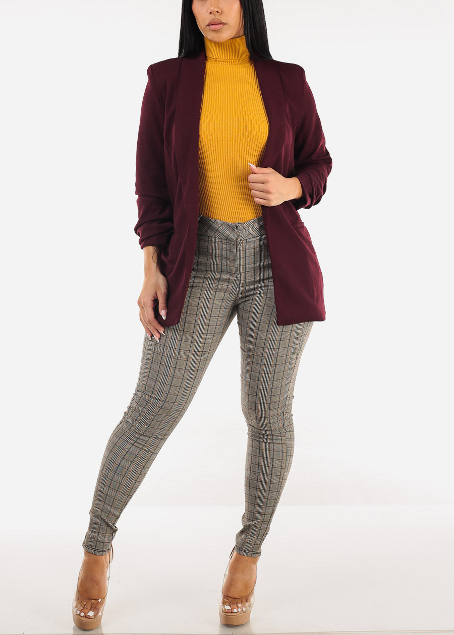 Quarter Sleeve Open Front Blazer Burgundy