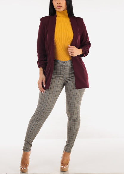 Quarter Sleeve Open Front Blazer Burgundy