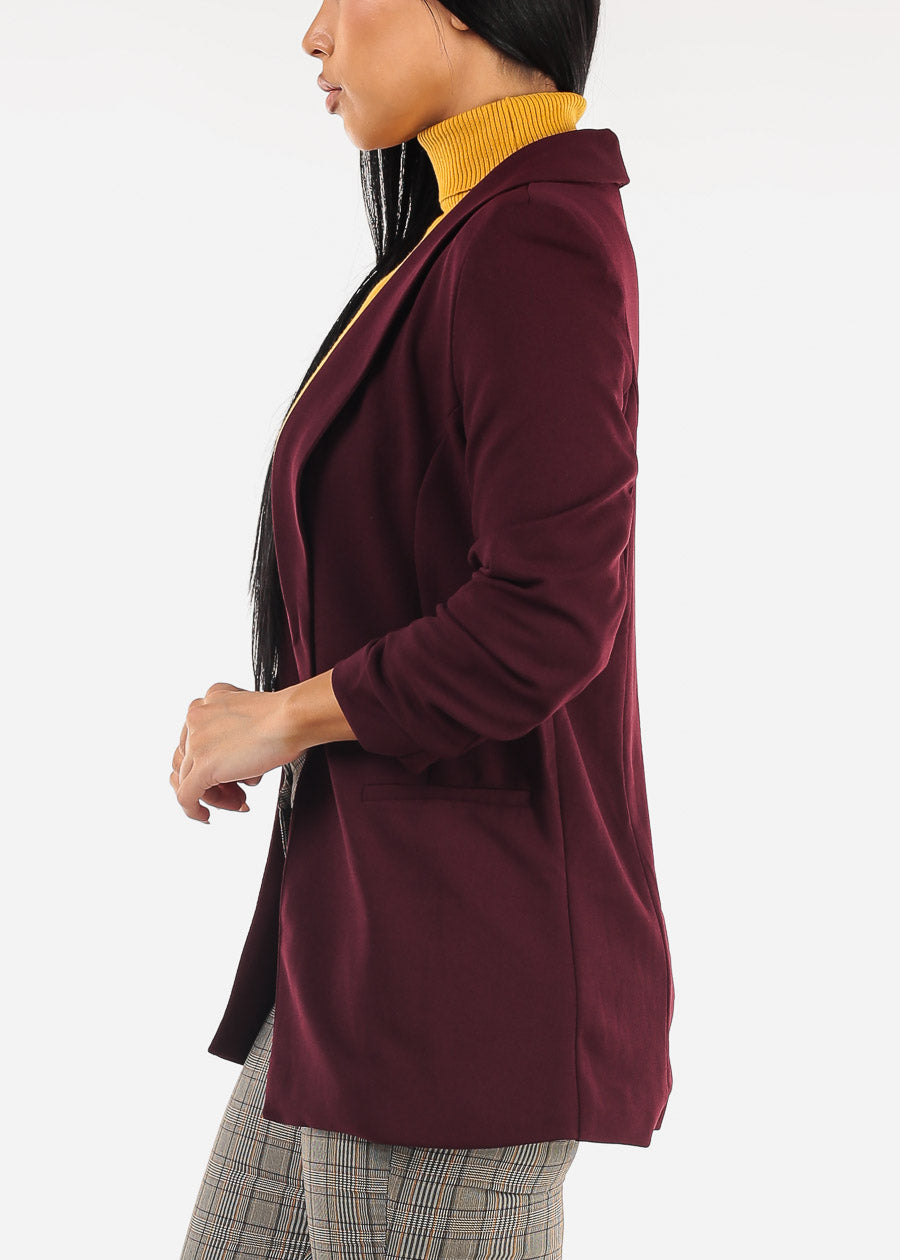 Quarter Sleeve Open Front Blazer Burgundy