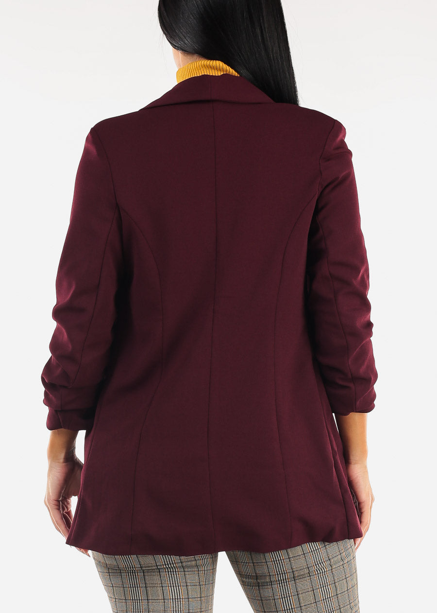 Quarter Sleeve Open Front Blazer Burgundy