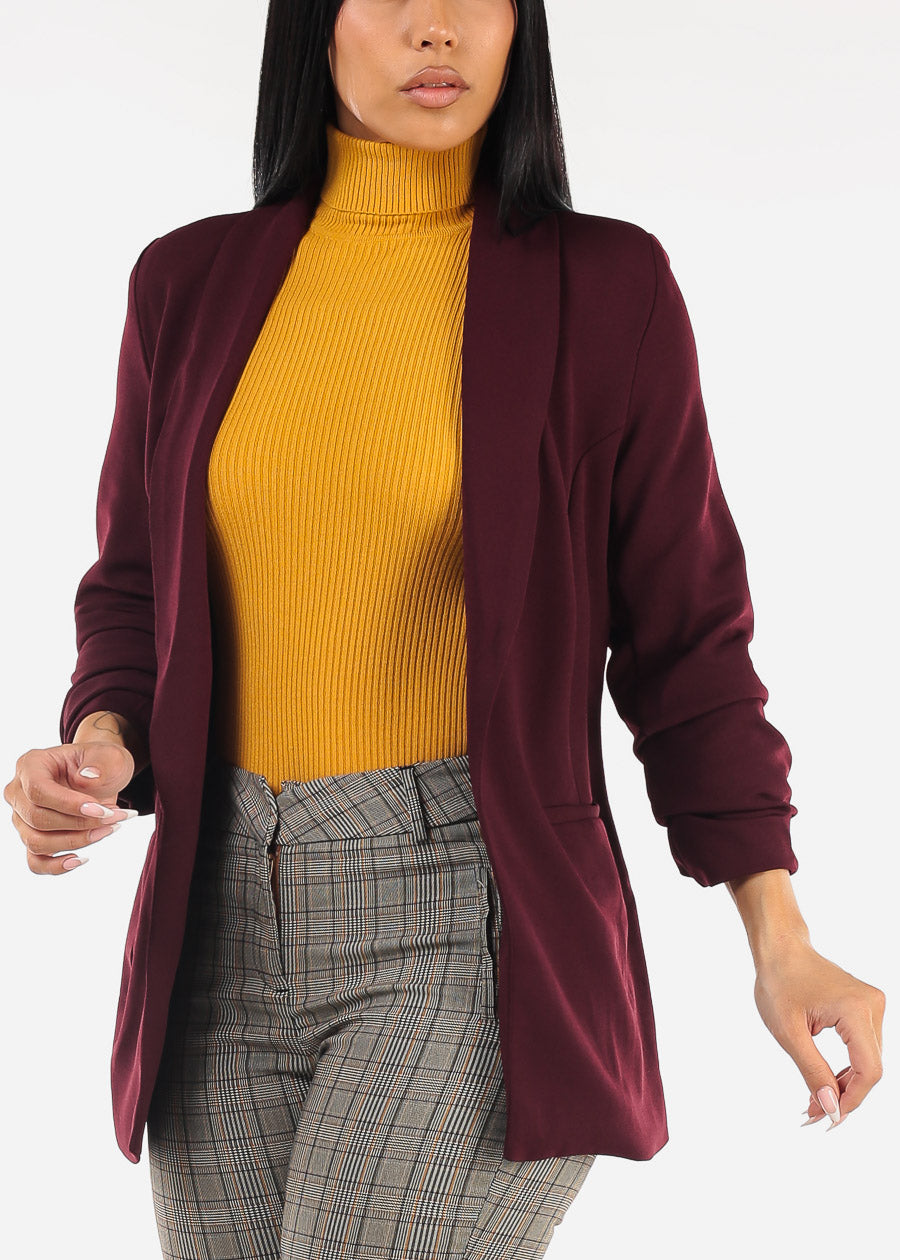 Quarter Sleeve Open Front Blazer Burgundy