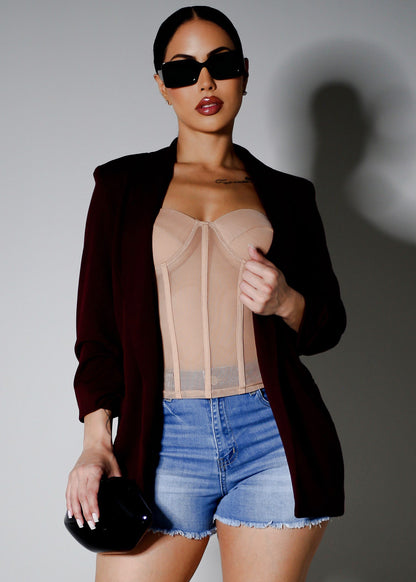Quarter Sleeve Open Front Blazer Burgundy