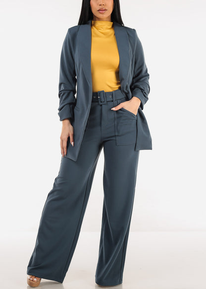 Quarter Sleeve Open Front Blazer Slate Blue